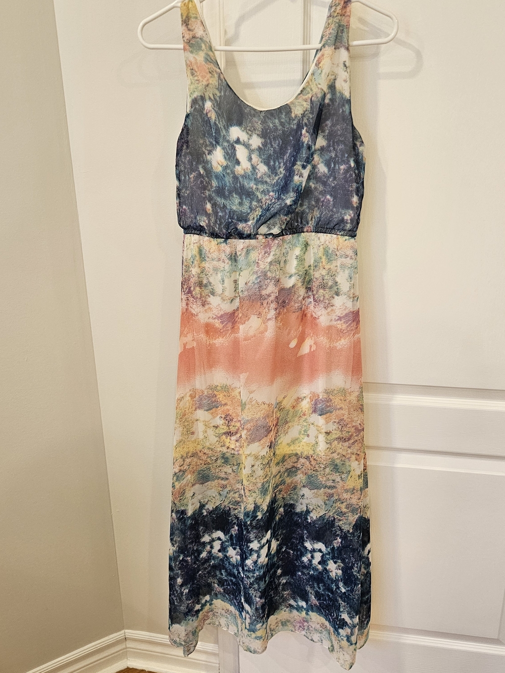Sleeveless Ombre Watercolor Maxi Dress in Coral, Navy & Cream